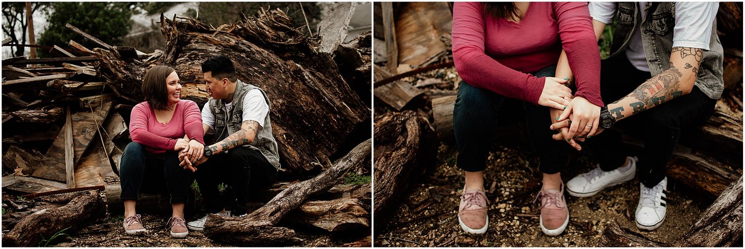 Two detailed shots of a couple sitting together on wooden logs.