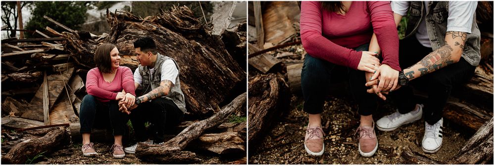 Two detailed shots of a couple sitting together on wooden logs.