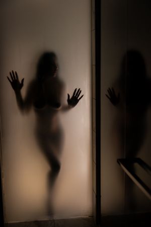 A shadowy female nude silhouette presses against a frosted glass panel creating an sultry boudoir image in a Las Vegas hotel suite.