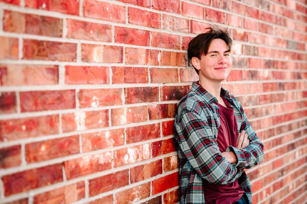 Senior Photographer Broken Arrow Senior brick wall male plaid Oklahoma