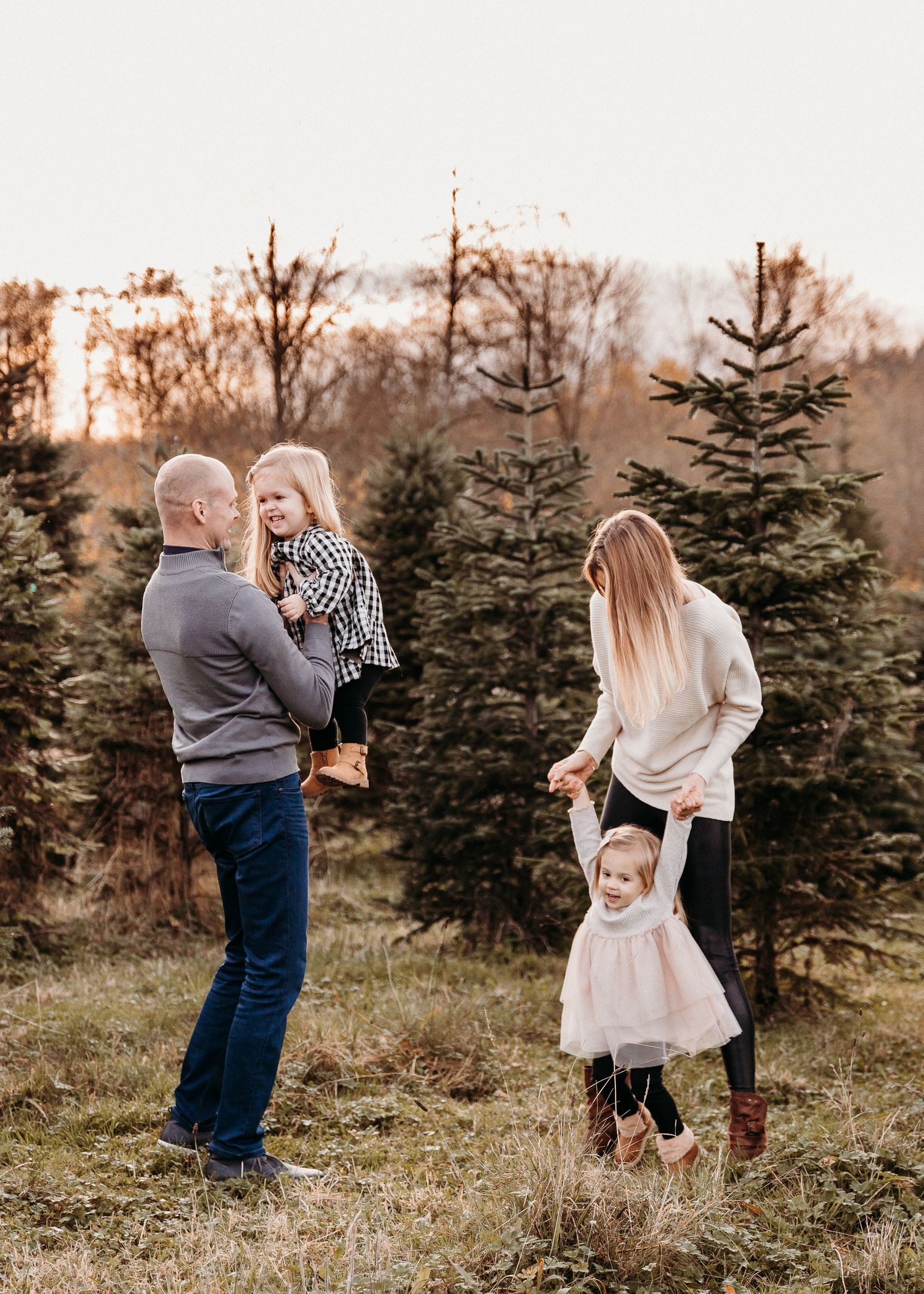 A family visits a Christmas tree farm at sunset, walking among evergreen trees.