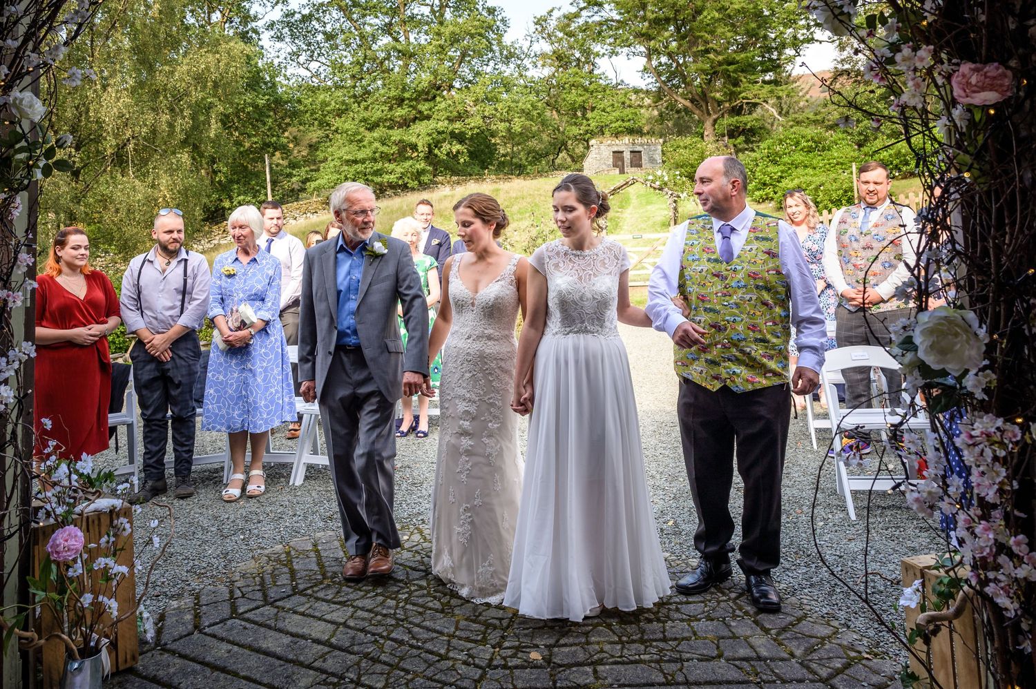 Brides arriving at wedding ceremony in Lake District