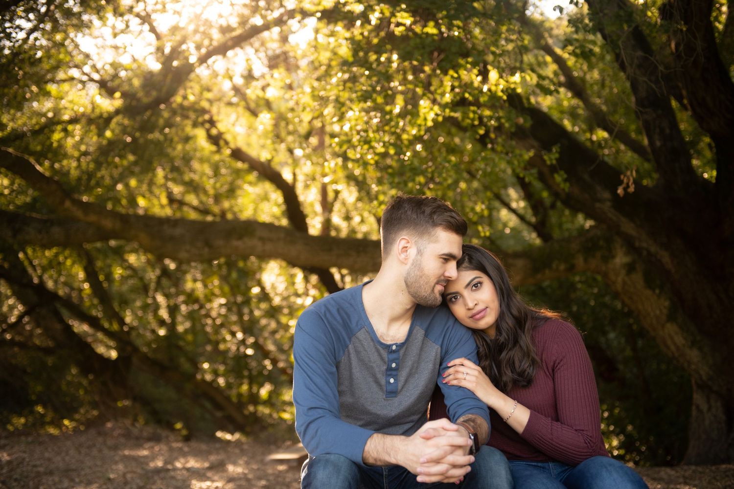 Bride to be rests her head on his shoulder, Biriones Park, 1611 Bear Creek Rd, Layfayette CA.