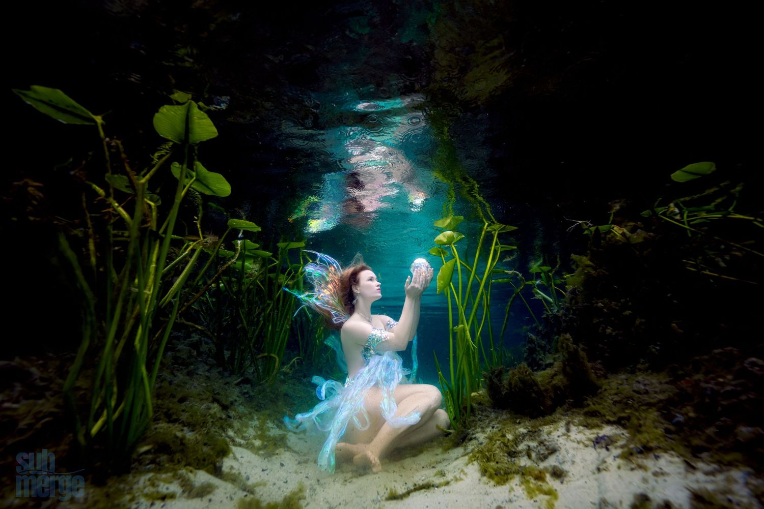 Underwater fantasy scene with aquatic plants and ethereal lighting in a natural spring setting.