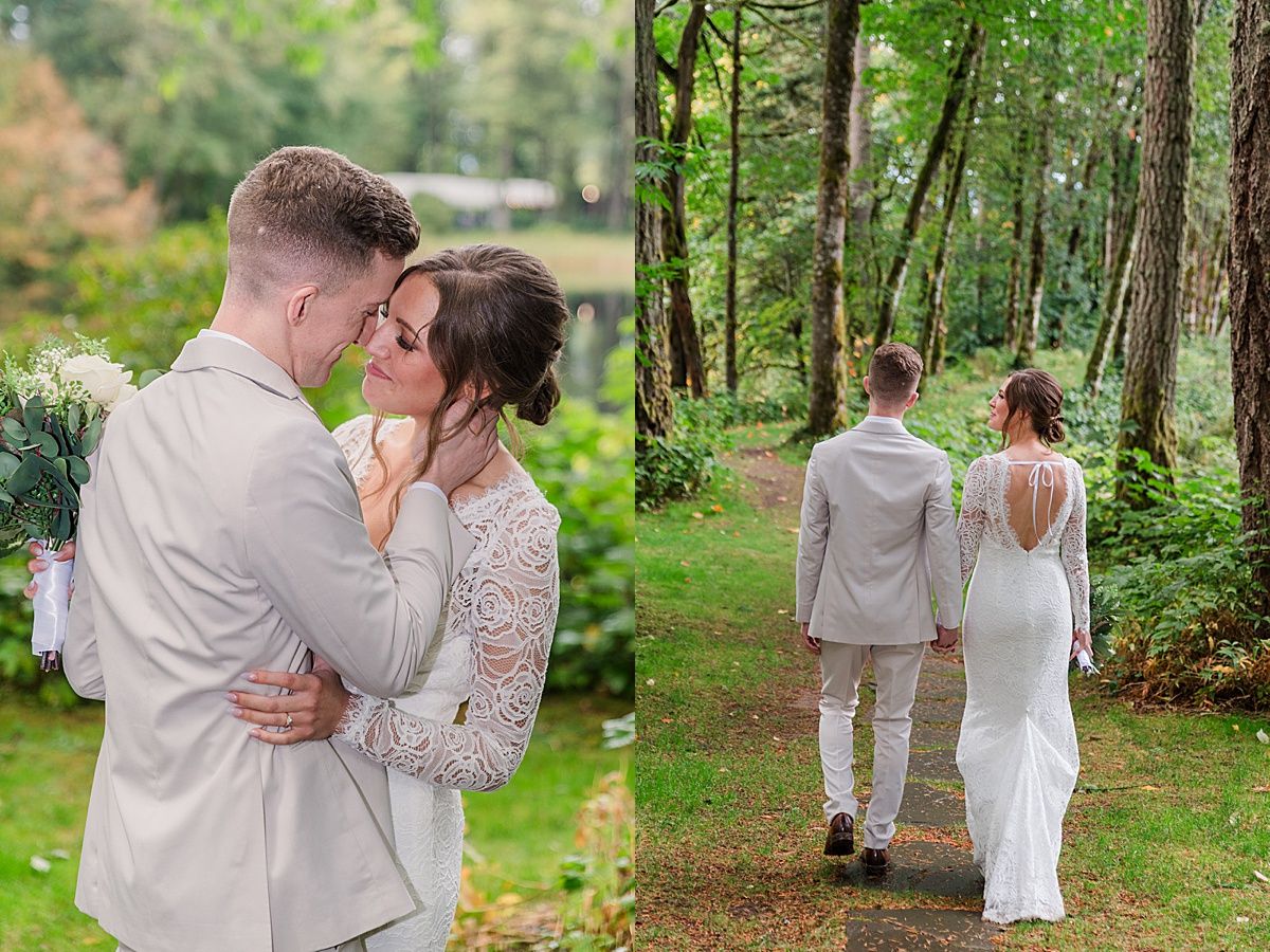 Bride and groom walk through woods together at Bridal Veil Lakes