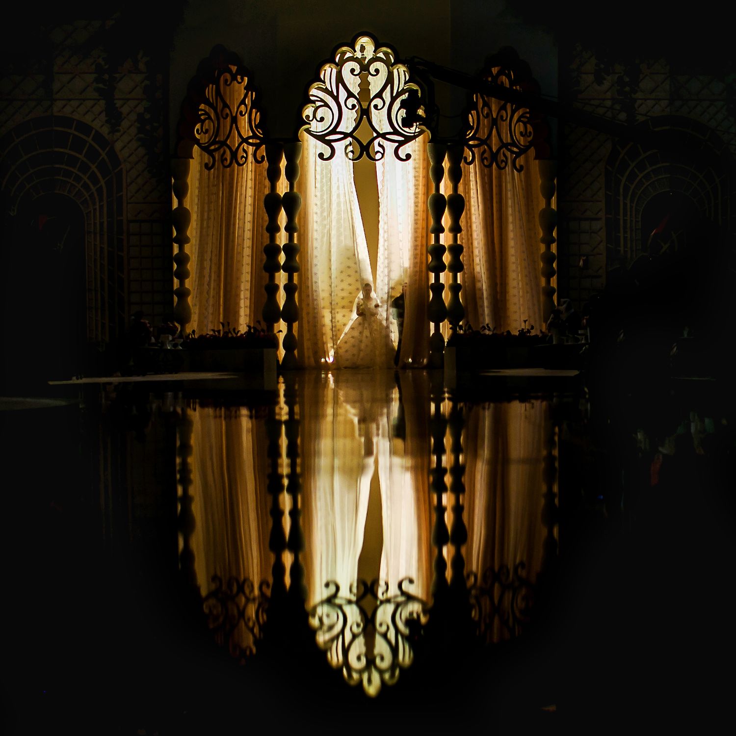 Elegant ornate gold doors create a symmetrical reflection in dark lighting with decorative details.