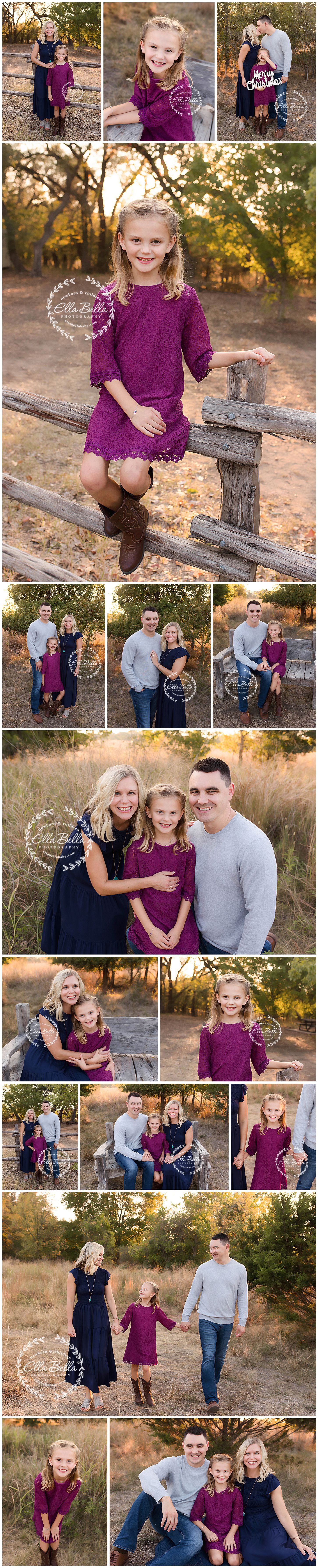 A collection of outdoor family portraits featuring coordinated navy and burgundy outfits in a natural setting.