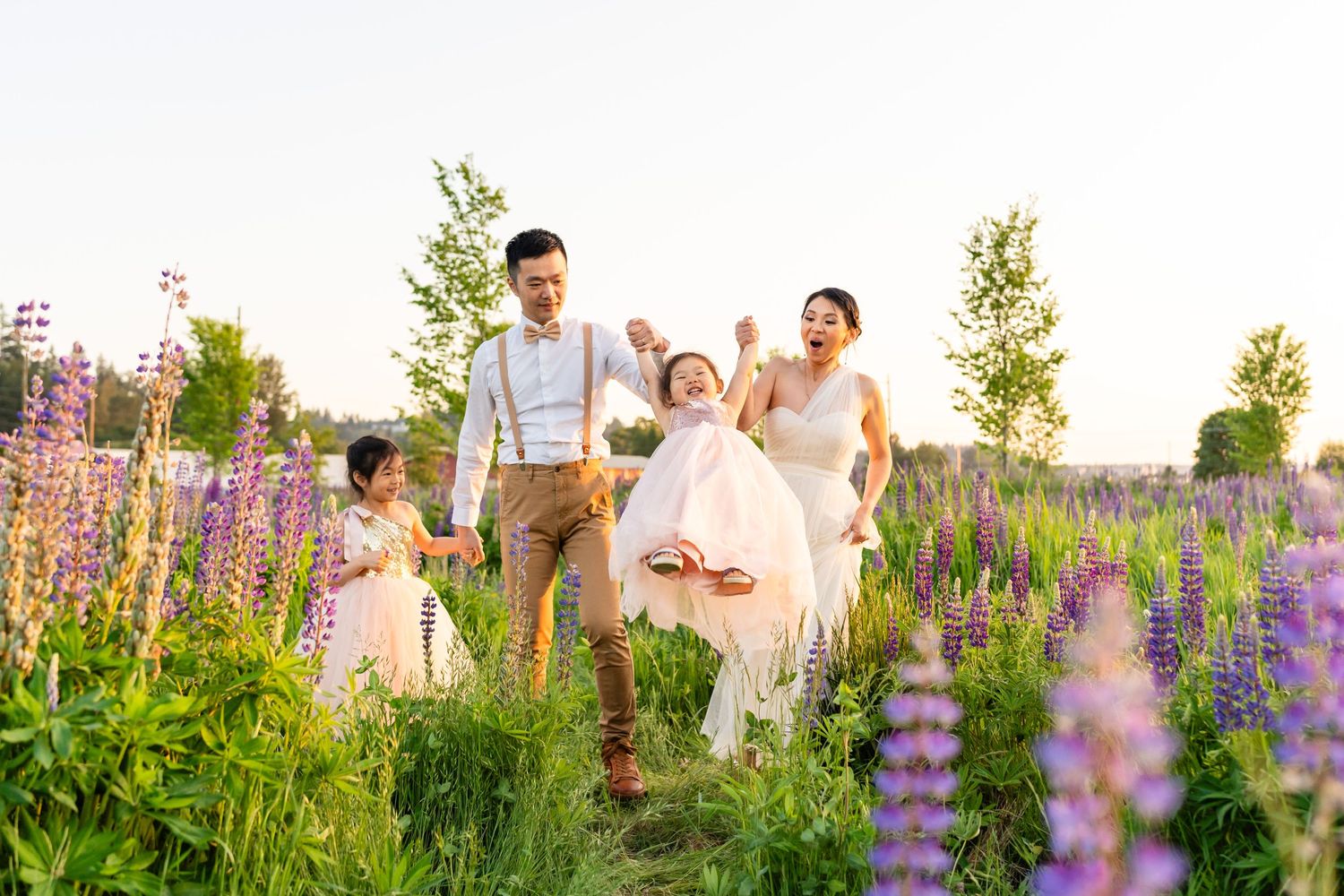 Parents swinging their daughter in the air at a lupine field.