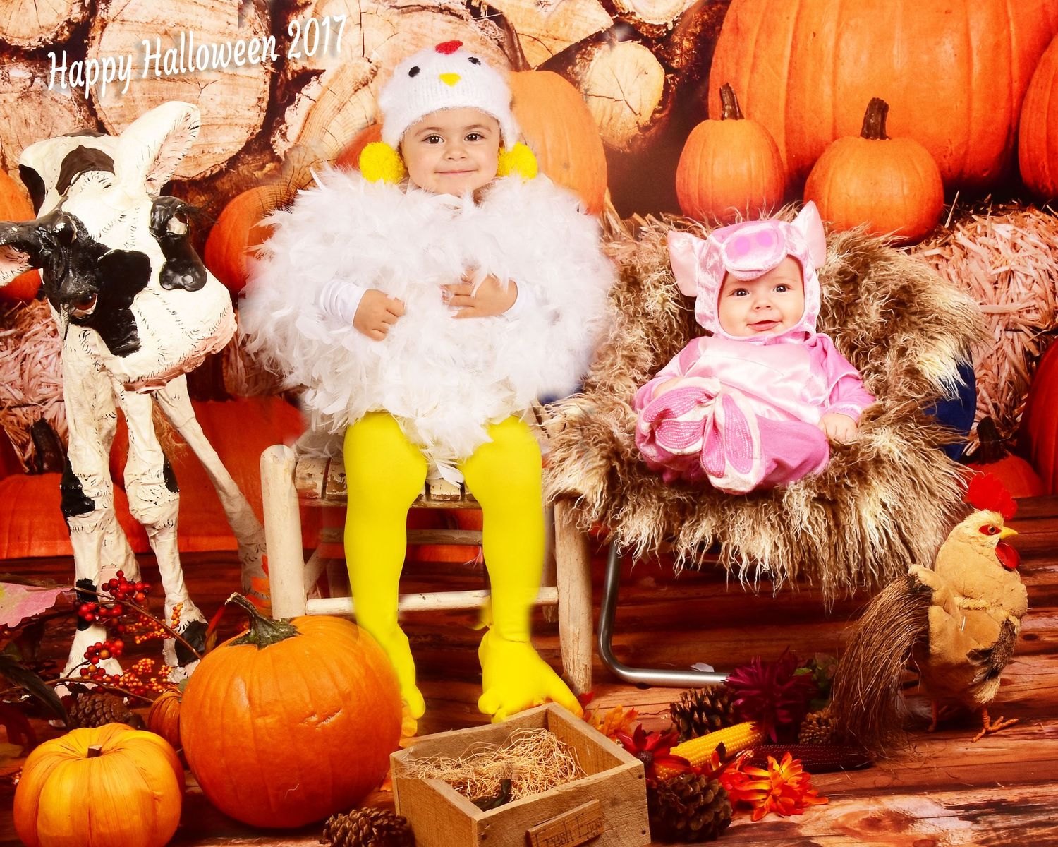Halloween costume scene with stuffed animals, pumpkins and seasonal decor in warm autumn tones.