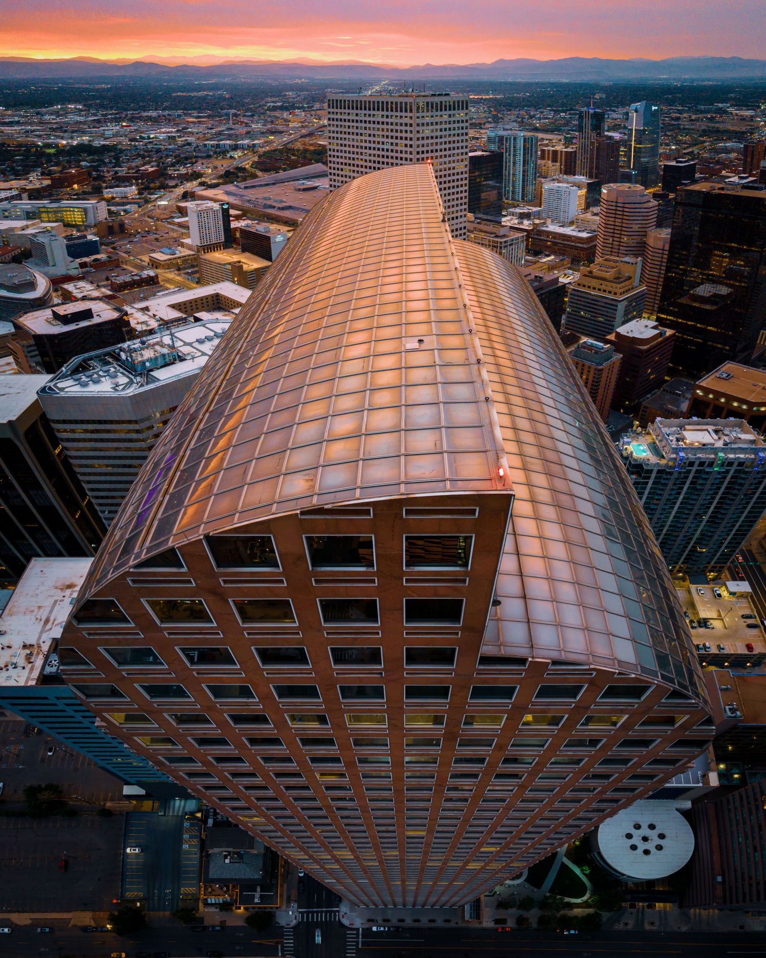 Aerial/Drone shot of the Cash Register Building by Denver Drone, Hospitality, Travel & Tourism photographer Captain Colorado Photography.