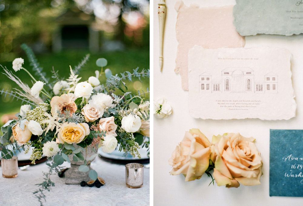 Wedding details featuring peach rose arrangements and delicate watercolor venue illustration.