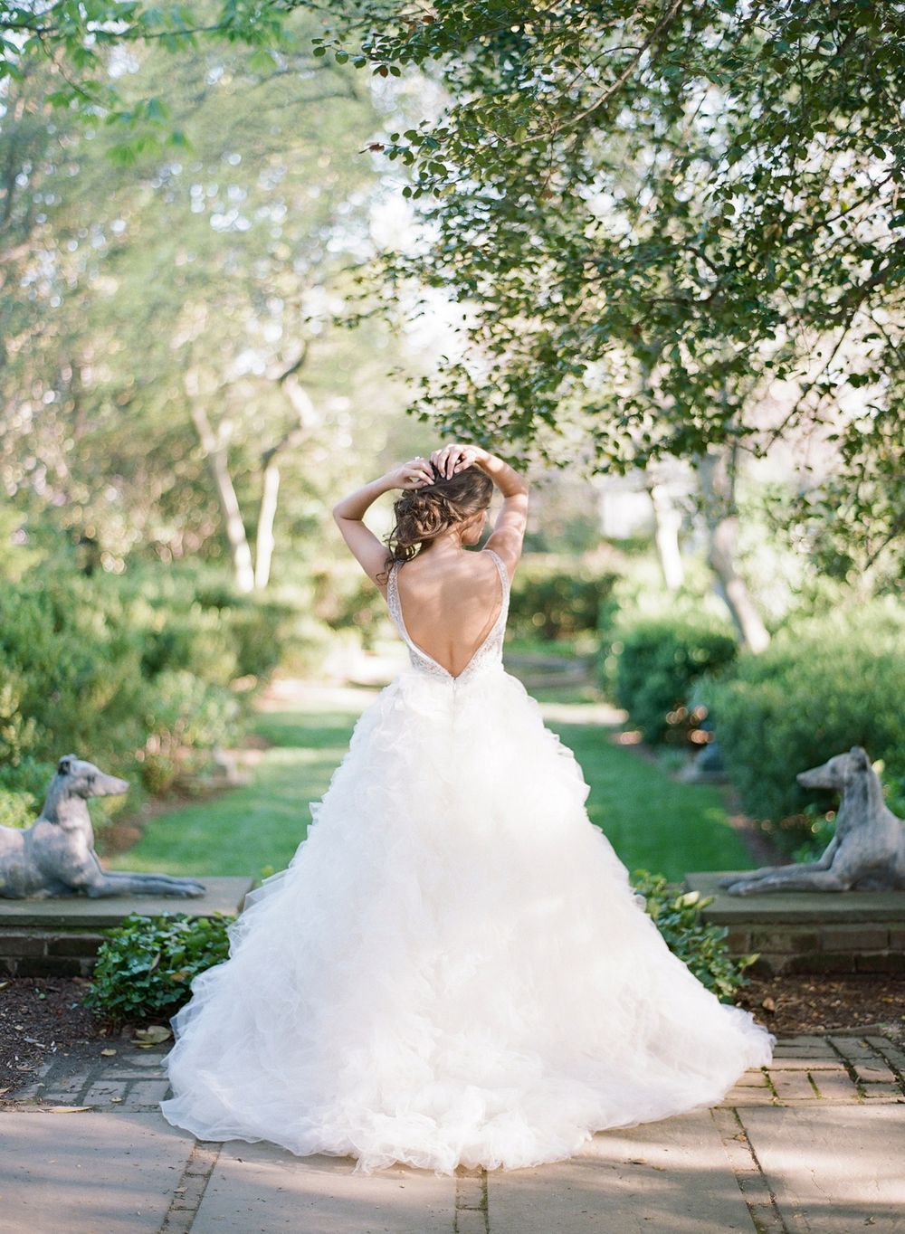 Dramatic backlit wedding dress photo showing open back design in a garden setting.
