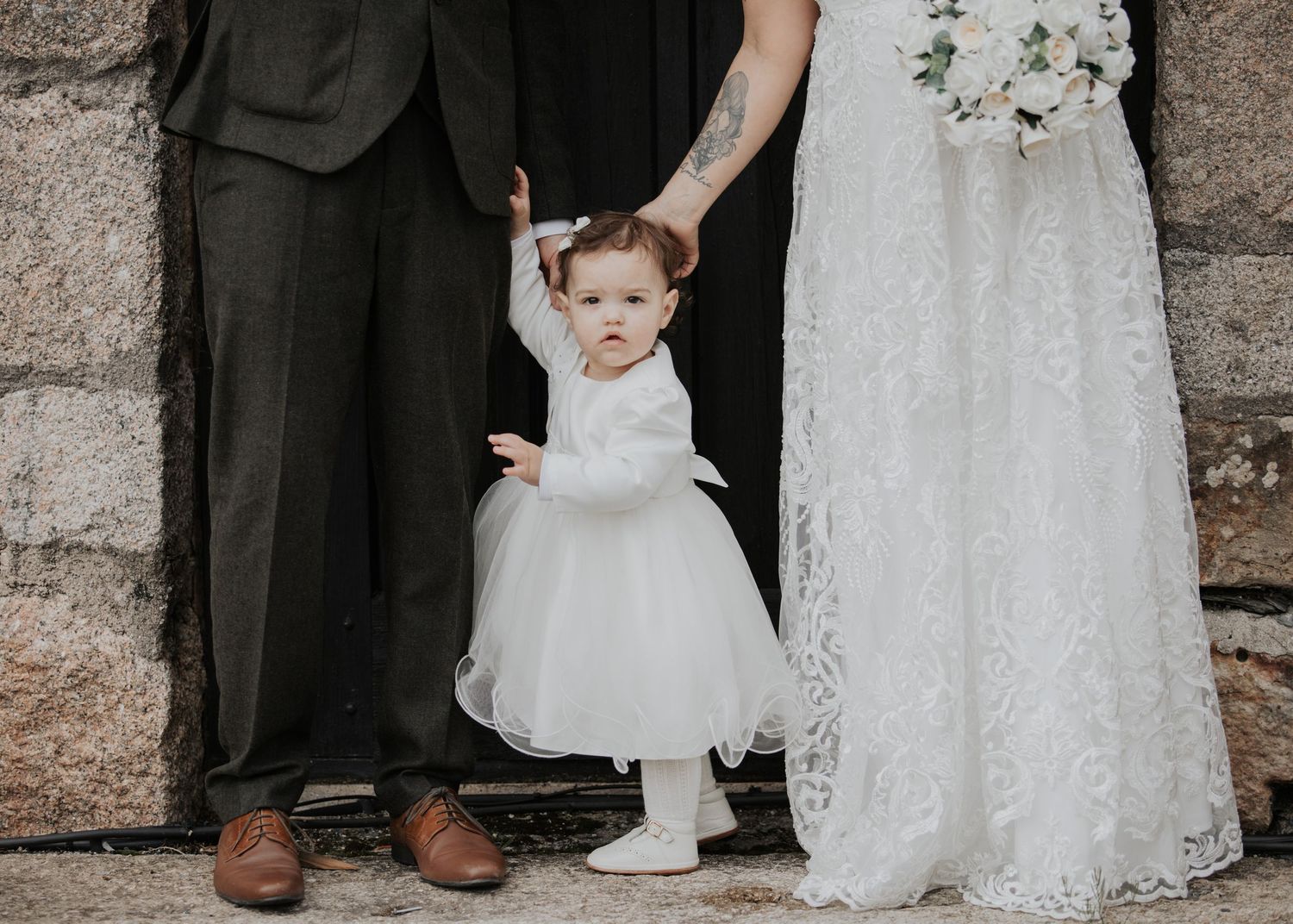 Baby Bridesmaid with Bride and Groom at Boringdon Hall wedding