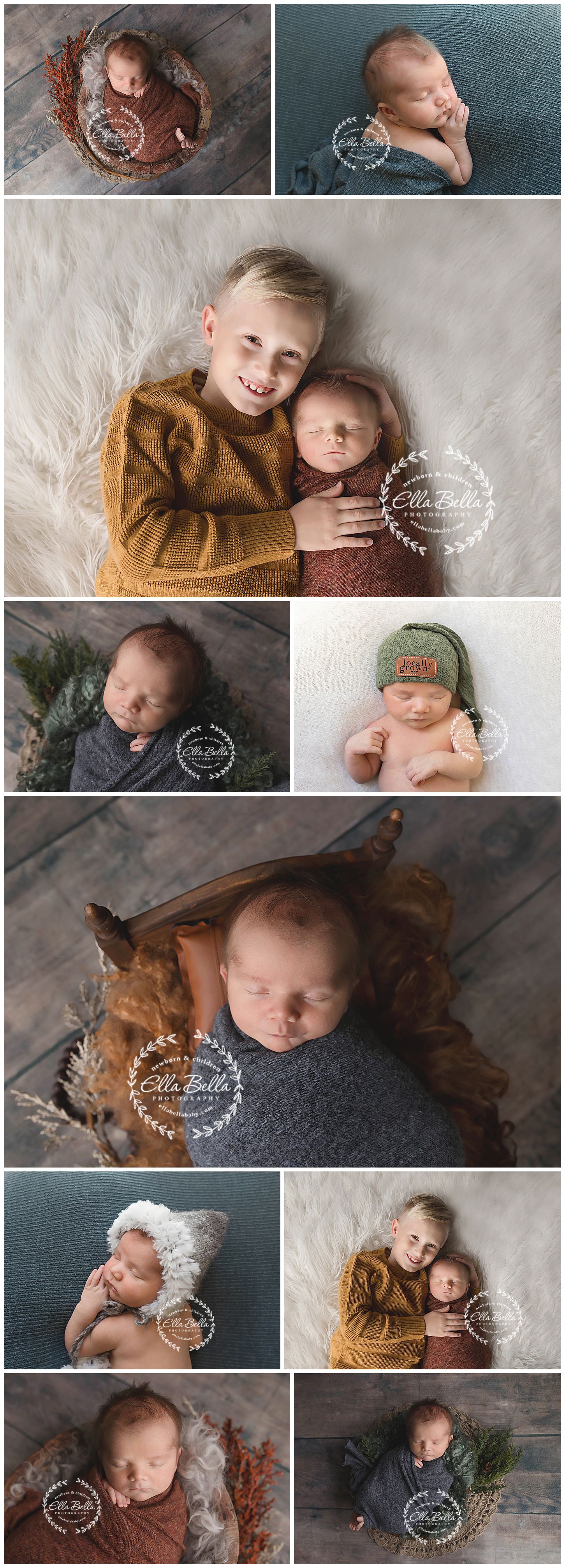 Collection of artistic newborn portraits with sibling photos and seasonal props in warm tones.