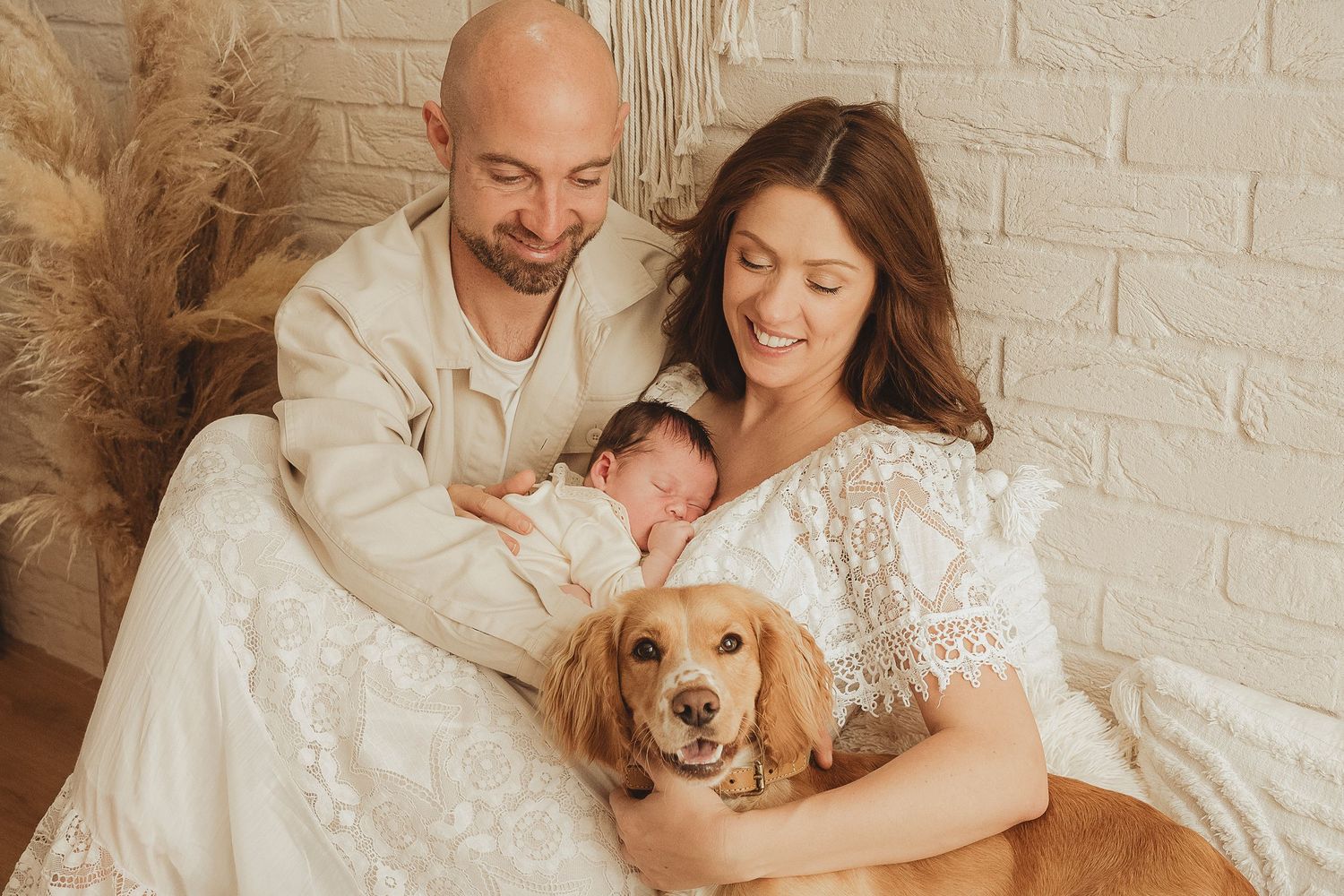 Family photo with a cocker spaniel dog sitting together in white outfits against a brick wall backdrop.