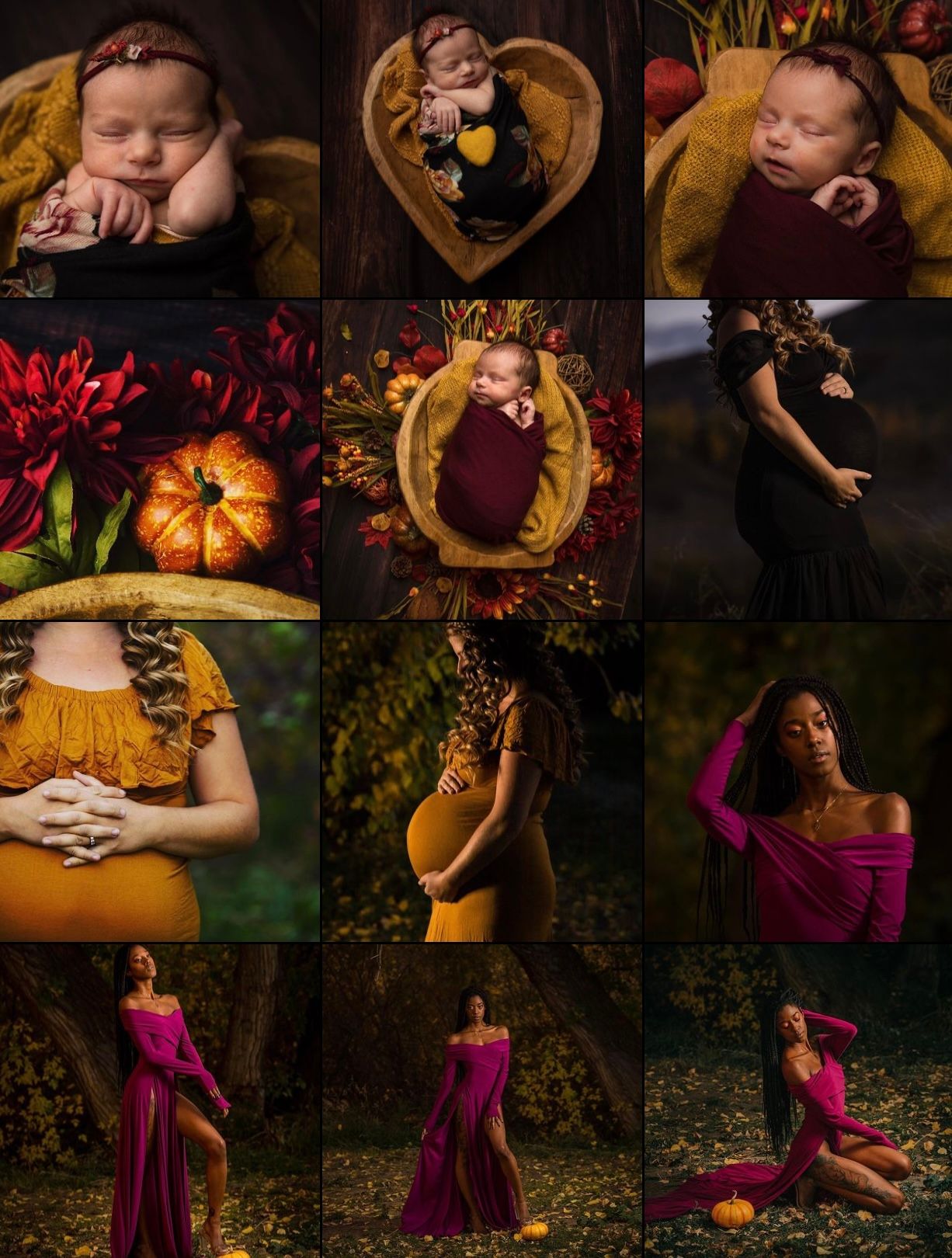 Autumn themed photo collage featuring maternity and newborn portraits with pumpkins and burgundy dresses.