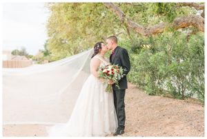 Romantic wedding moment captured outdoors with natural desert landscape.