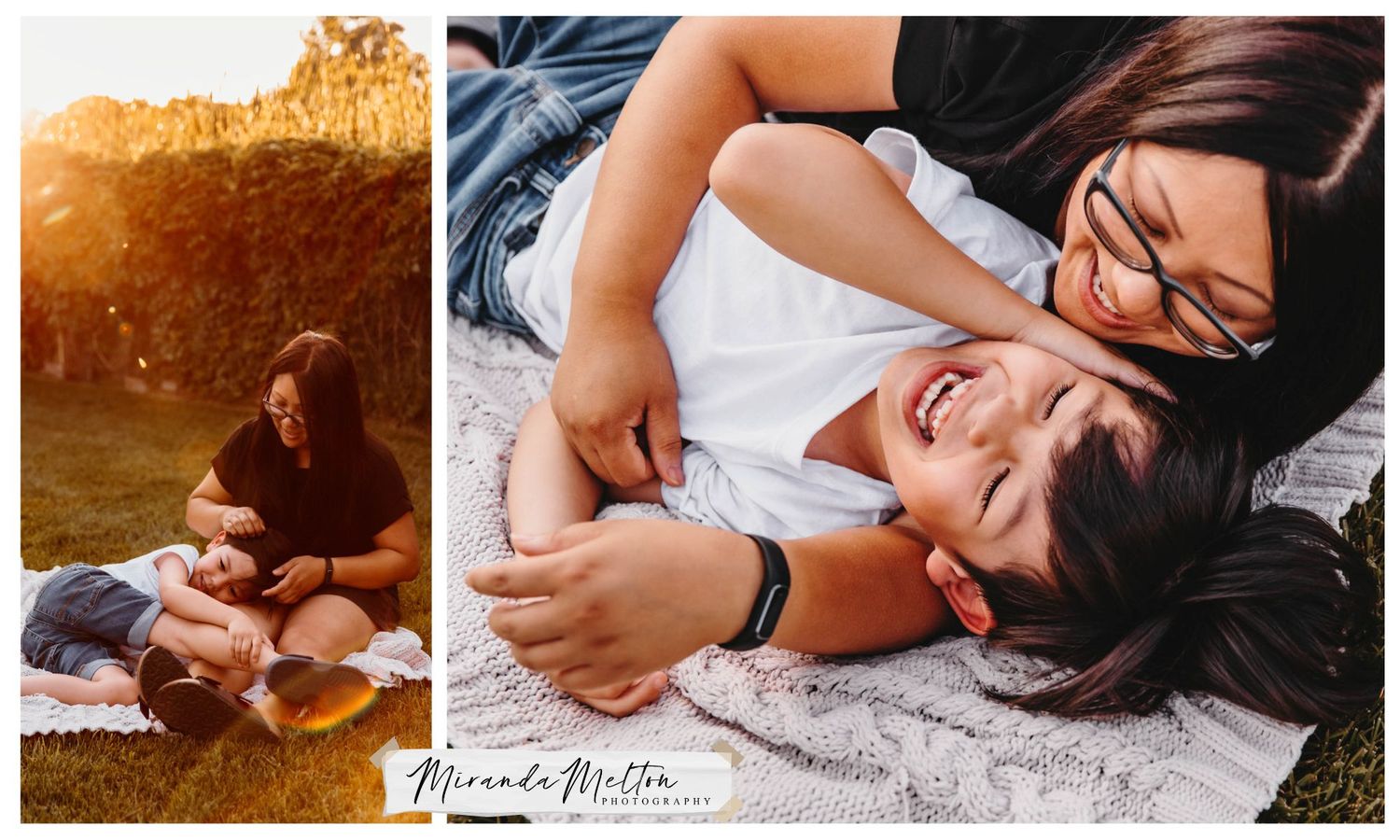 Collage of two photos of a mother and son cuddling and laughing together in golden evening sunlight