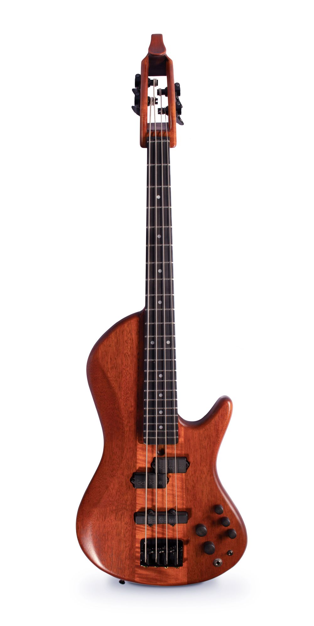 Professional wooden bass guitar with brown finish and black hardware against white background.