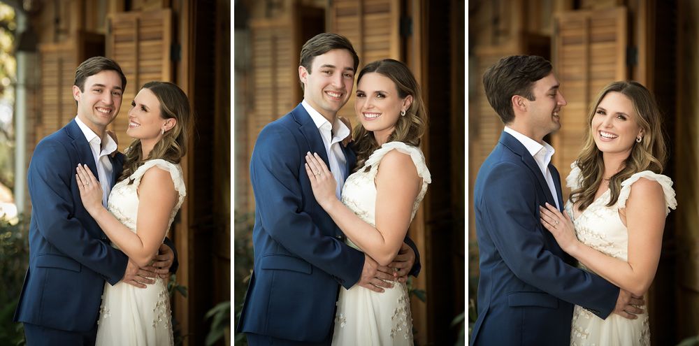 Romantic wedding couple shares intimate moments in a series of candid portraits against a rustic backdrop.