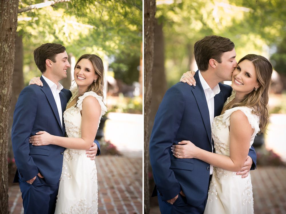 Series of romantic wedding portraits captured in a natural outdoor setting with soft lighting.