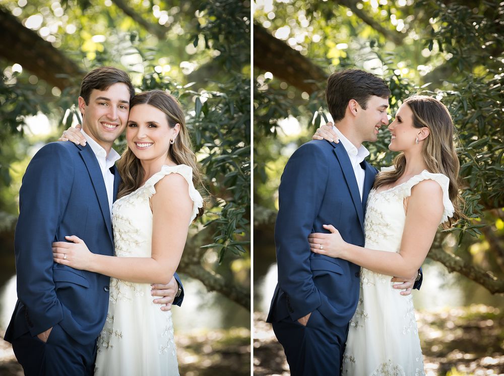 Wedding couple shares intimate moments in a sun-dappled garden setting.