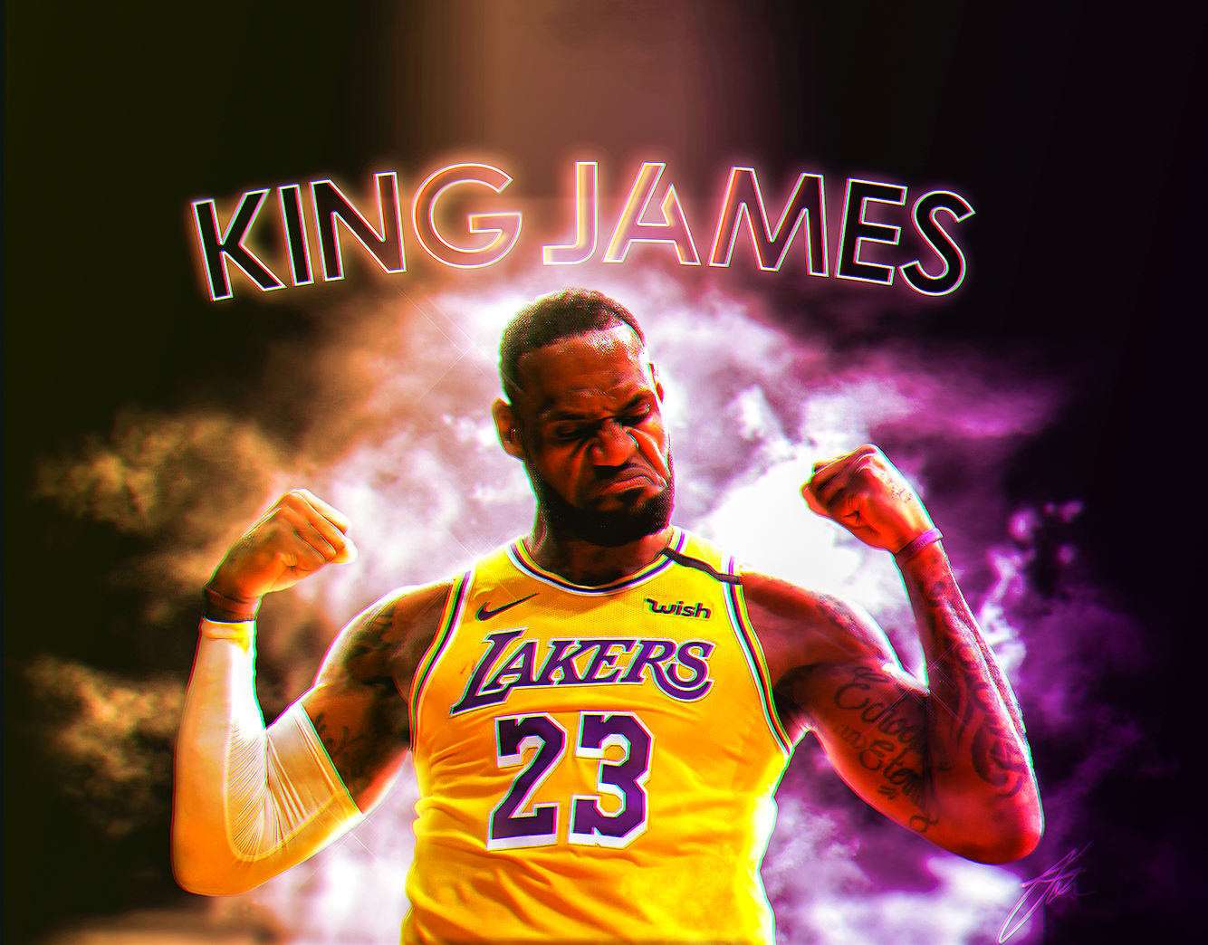 Basketball player in yellow Lakers jersey with dynamic lighting and King James text effect.