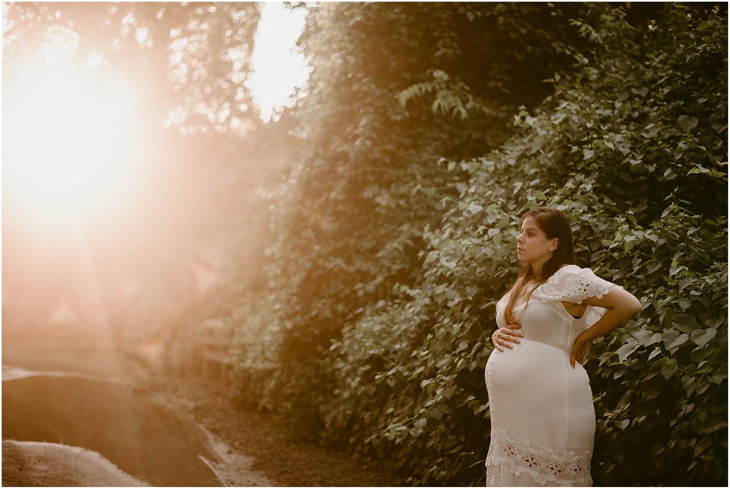 Artistic maternity photo with dramatic sunburst and silhouetted trees in background.