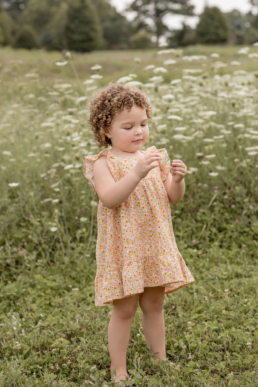 Curly-haired toddler girl in a floral yellow dress standing barefoot in a wildflower meadow.