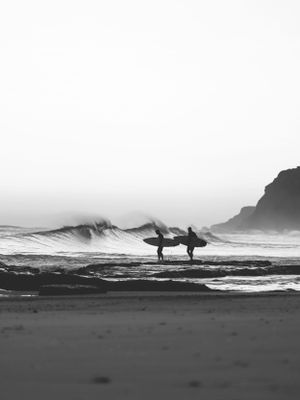 Surf Couple on the Beach Black And White Photography | Surfers with Surfboards Poster Wall-Art Canvas Framed Dagmar Pels