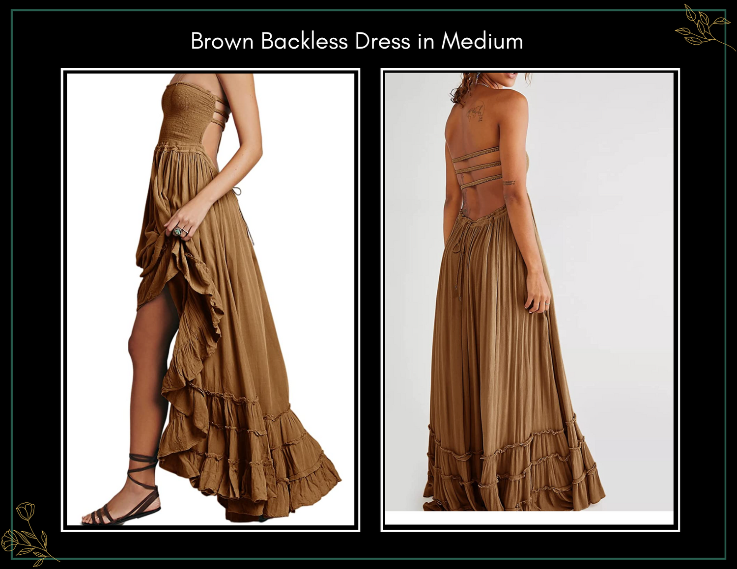 Brown backless maxi dress in medium with ruffled skirt, high-low hem, and lace-up back detail.
