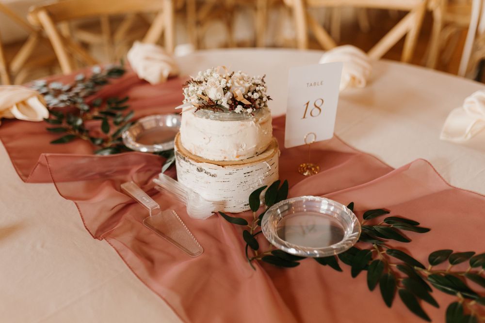 Small two-tier naked wedding cake on a dusty rose table runner with greenery and table number 18.
