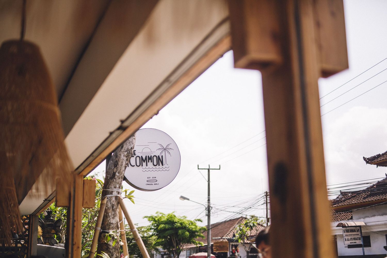 Exterior view of a cafe building with wooden beams and signage.