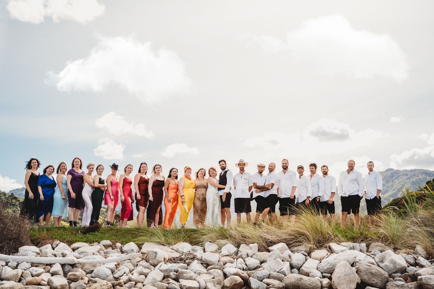 rainbow bridesmaids, large bridal party, lots of groomsmen and bridesmaids, colourful wedding, photography Nelson,