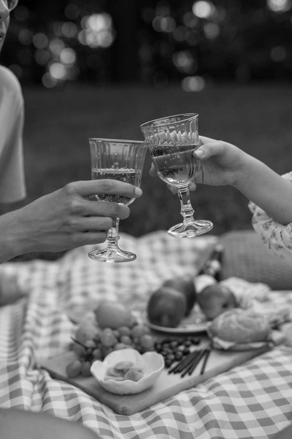 Two hands toasting wine glasses over a picnic blanket with fruit and snacks on a gingham tablecloth.