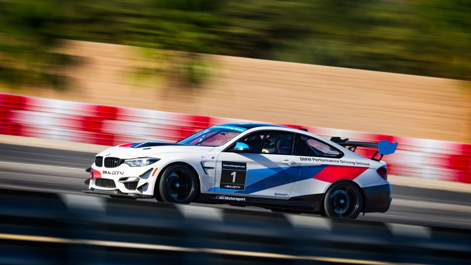 Motion-blurred racing cars speeding past on a professional race track.