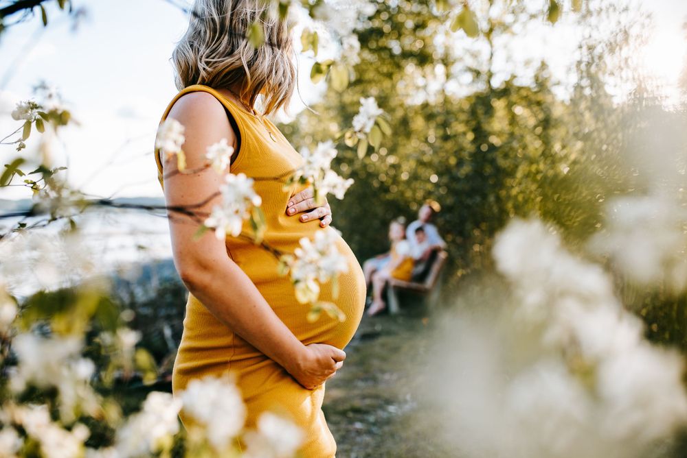 Ethereal maternity portraits captured during golden hour with sunlight streaming through trees.