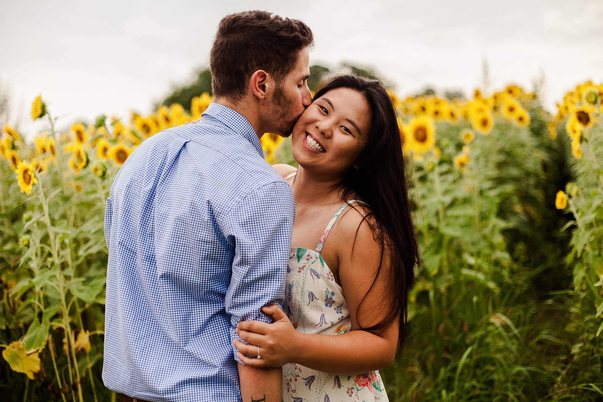 couple kiss in sunflower field