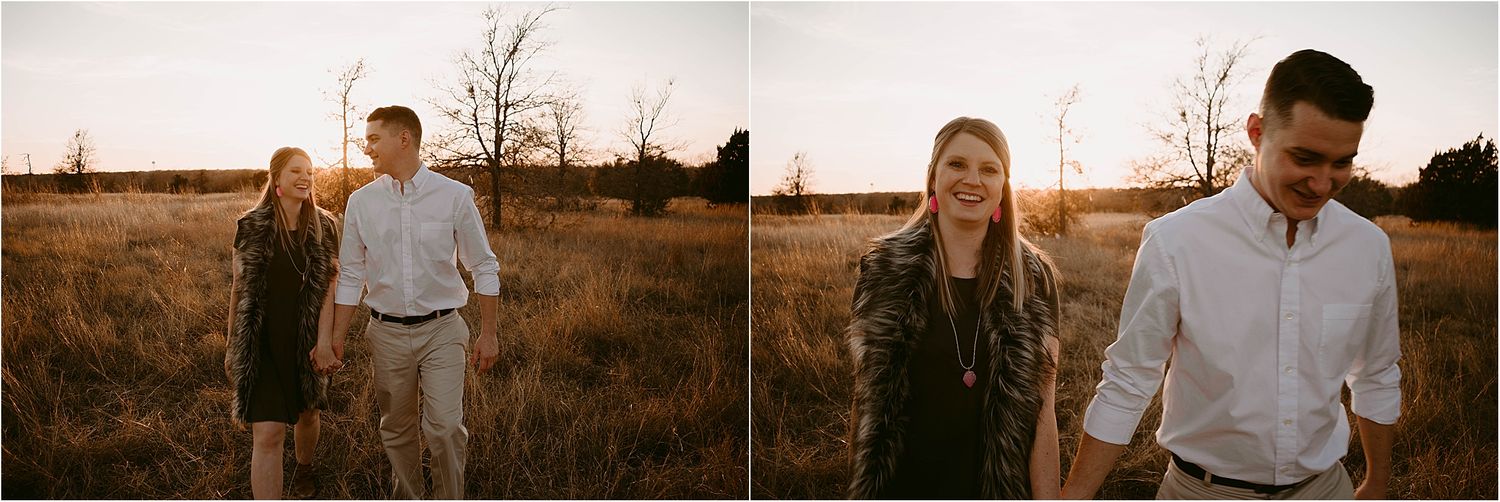 Side-by-side photos of a couple enjoying a romantic moment in a field at sunset.