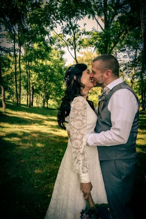 A romantic wedding photo sequence showing a couple in a wooded setting during golden hour.