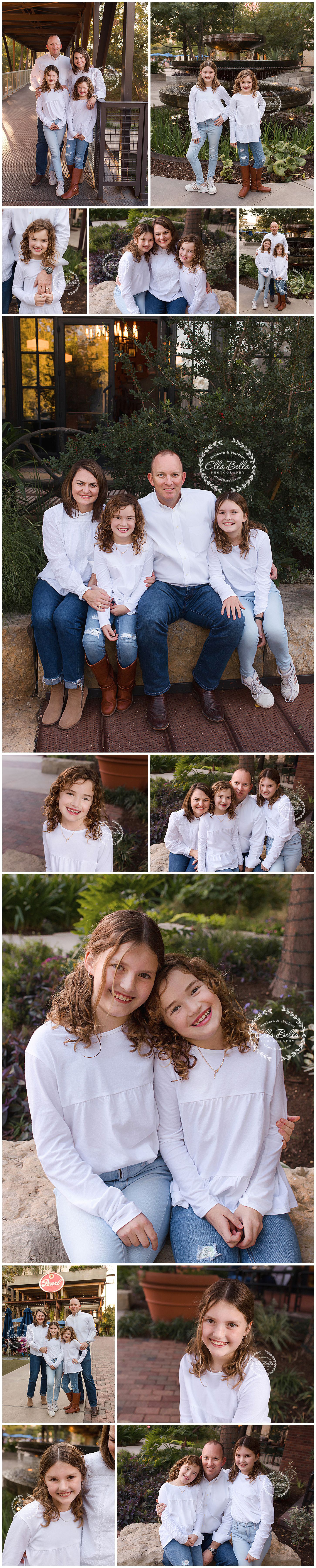 Family photo session in matching white shirts at outdoor garden location with multiple poses.