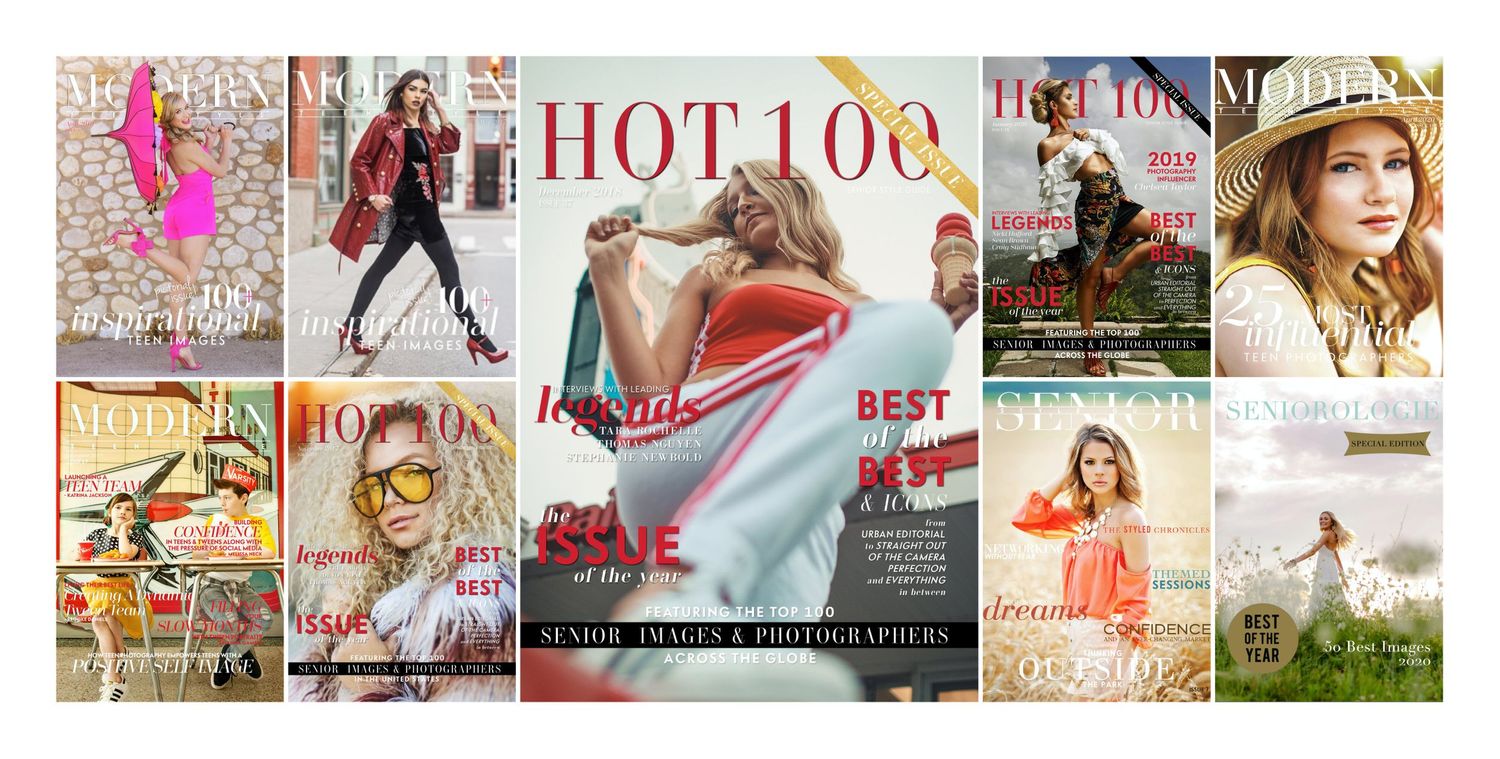 Collection of professional portrait magazine covers arranged in a grid layout.