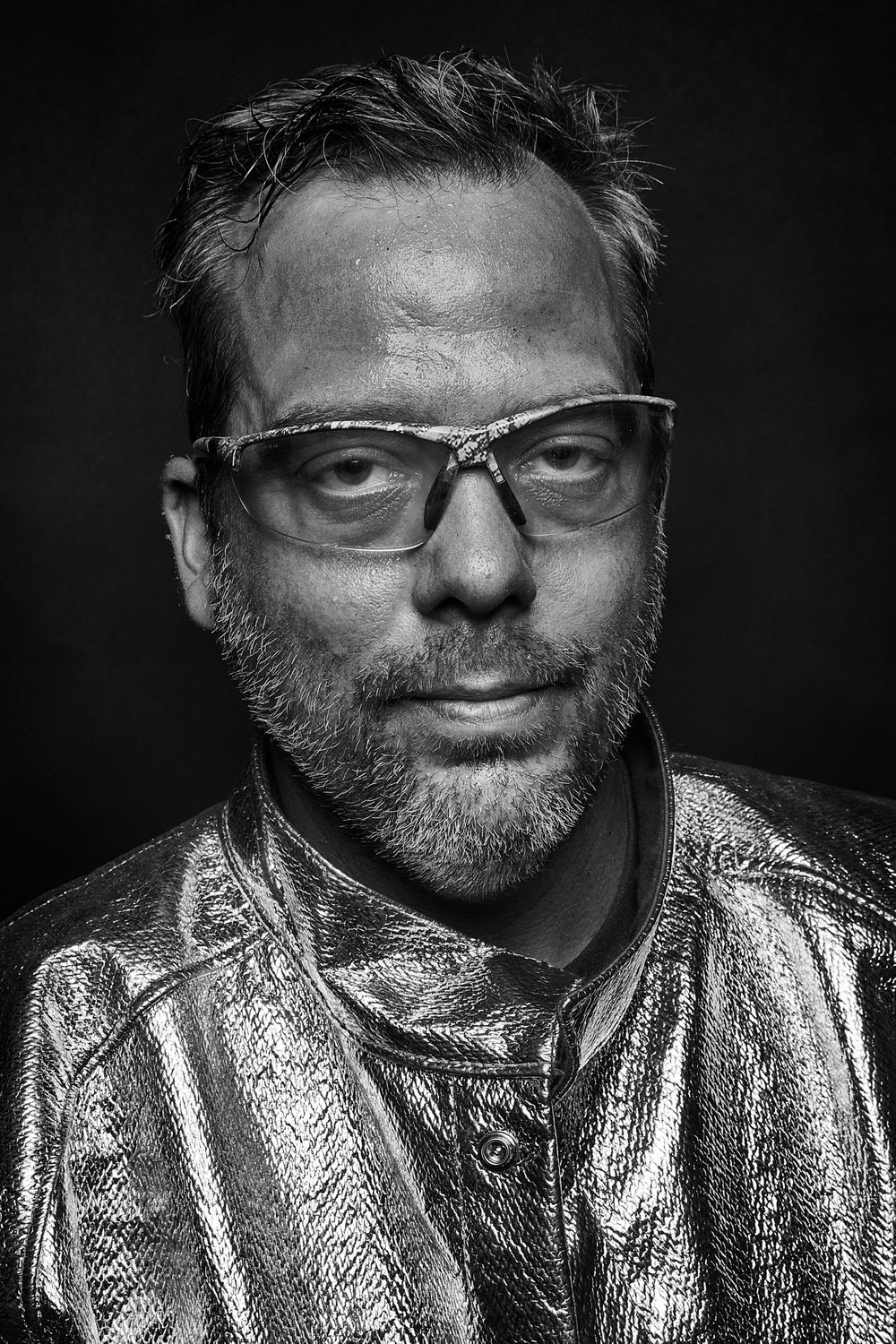 Iron Pour Artist portrait in black and white
