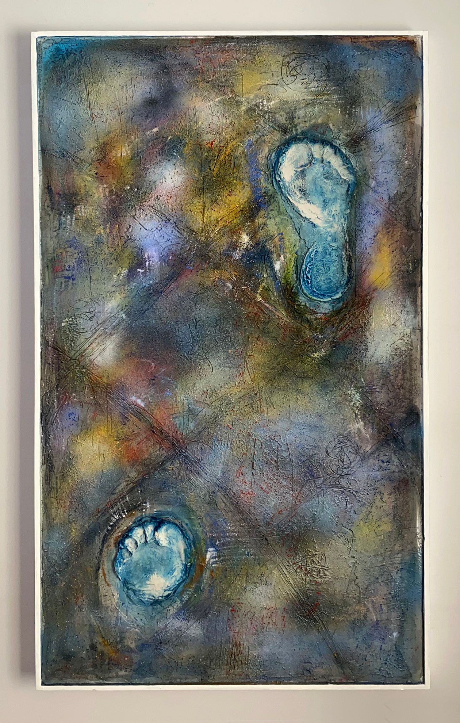 'Earthed' mixed media painting on canvas. Blue footprints on a metallic, multicoloured background.