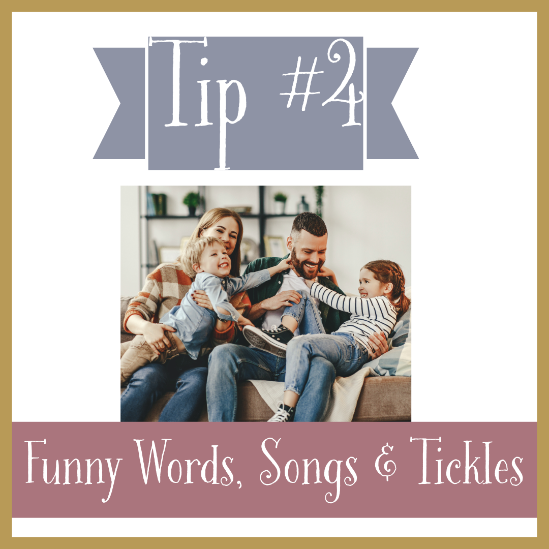 Family lifestyle tip graphic showing playful moment on couch with gray banner.