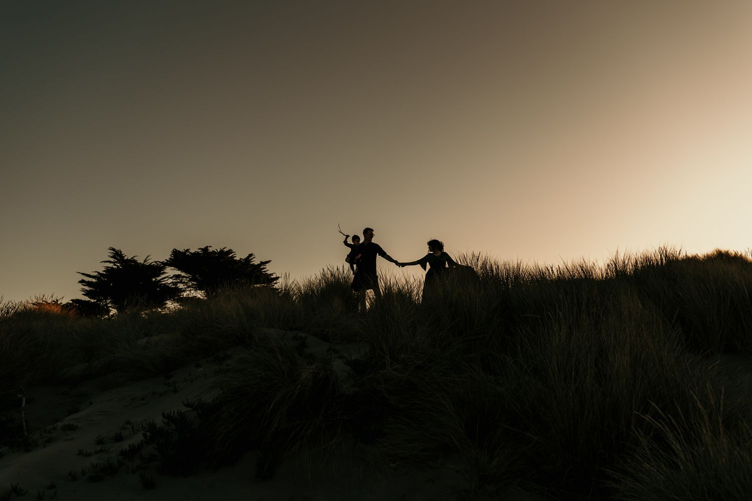 Silhouettes of people holding hands on a hilltop against a sunset sky.
