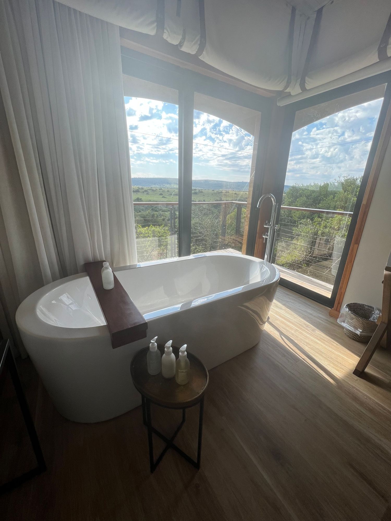 Luxury freestanding bathtub with mountain views through floor-to-ceiling windows in modern bathroom.