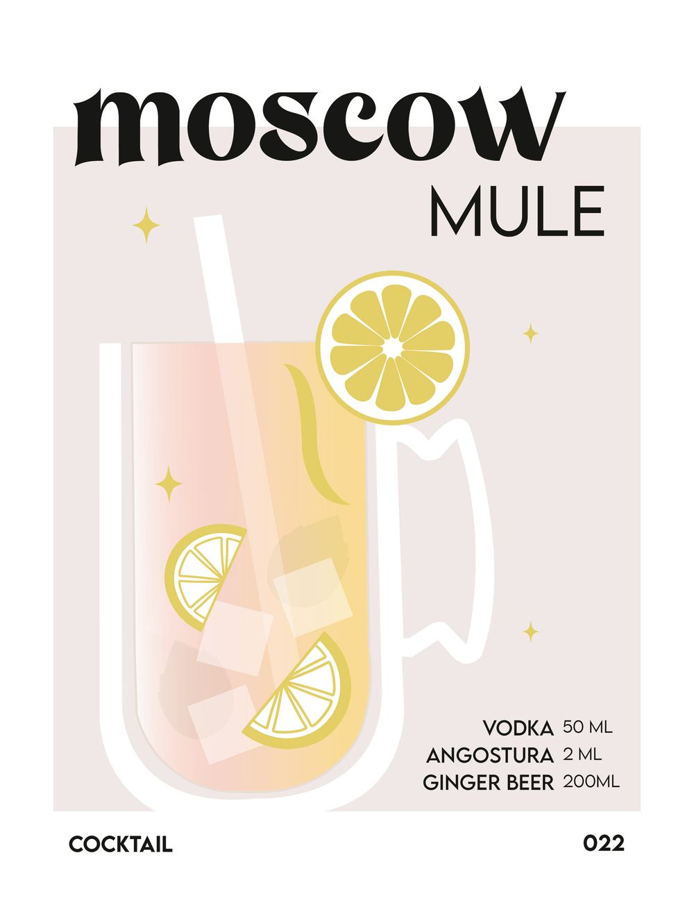 Minimalist illustration of a Moscow Mule cocktail recipe with vodka, ginger beer and lime garnish.