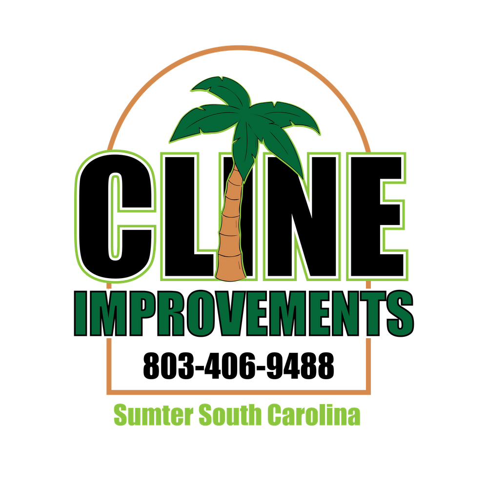 Green and tan logo design for Cline Improvements featuring a palm tree icon and text for South Carolina.