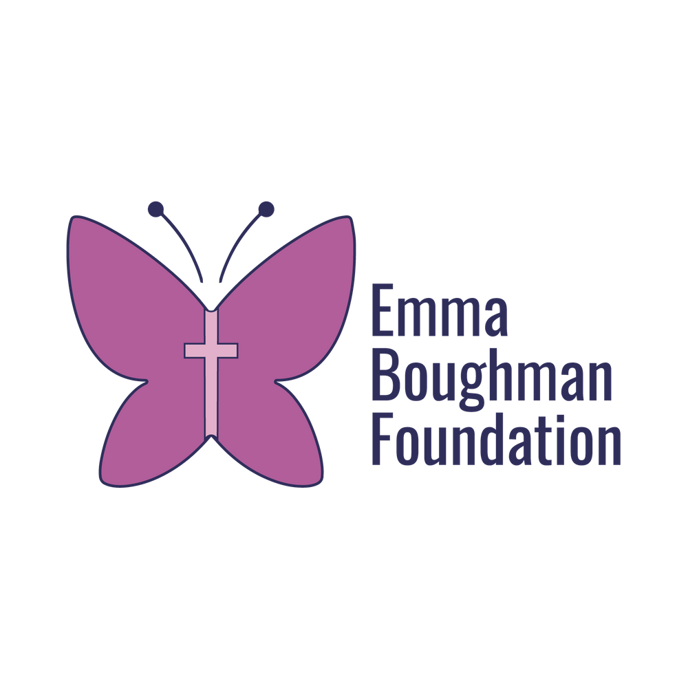 Purple butterfly logo with cross design for Emma Boughman Foundation in blue text.